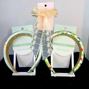 Hair Bands / Bow ~ Mint Green Floral Daisies Multicolored- Peach Lace Ribbon NWT